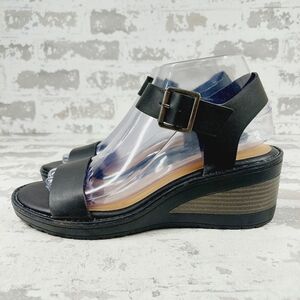 New B-52 By Bullboxer Black Faux Leather Wedge Heel Sandals C470